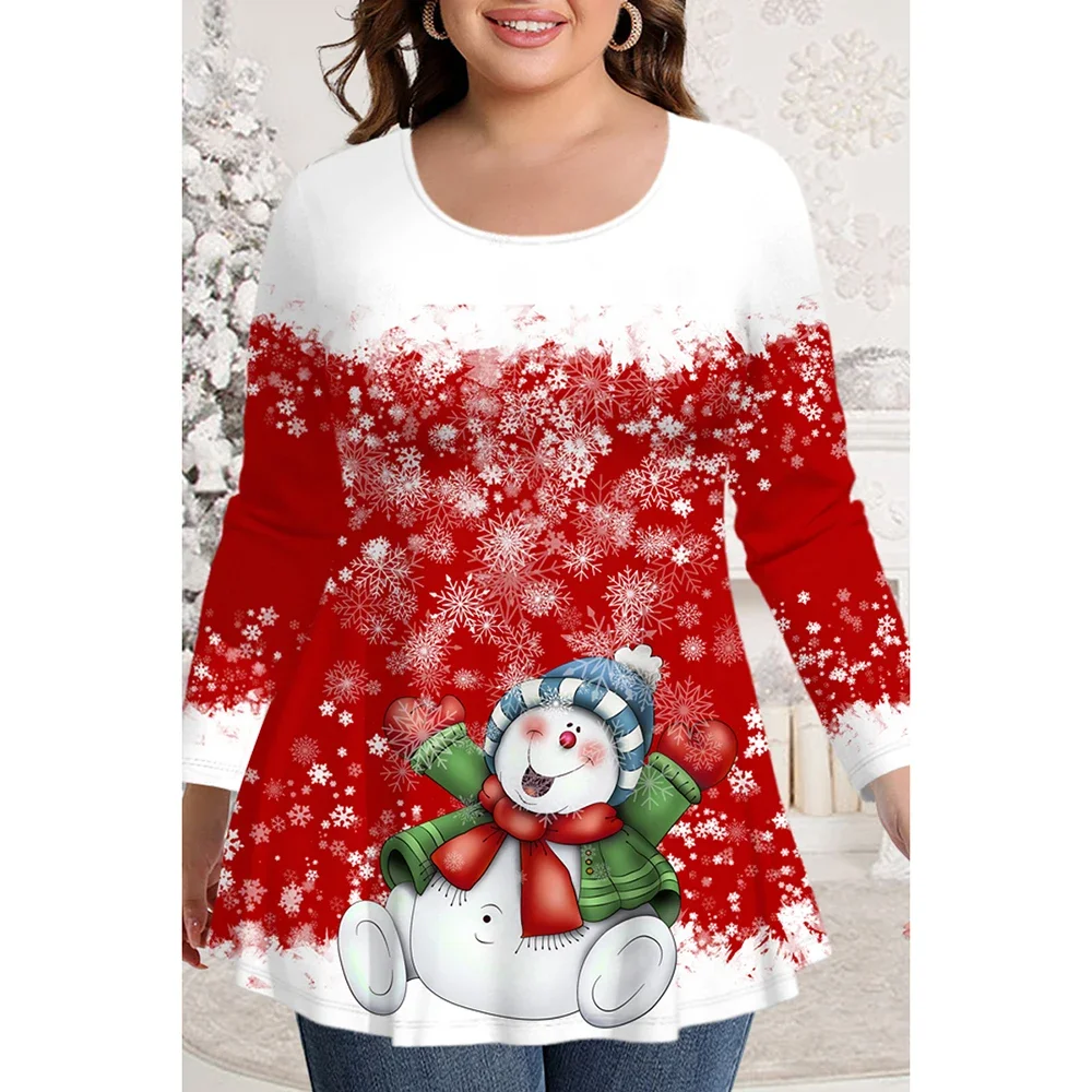 

Plus Size Christmas Casual Red Ombre Snowflake Snowman Print Long Sleeve T-Shirt