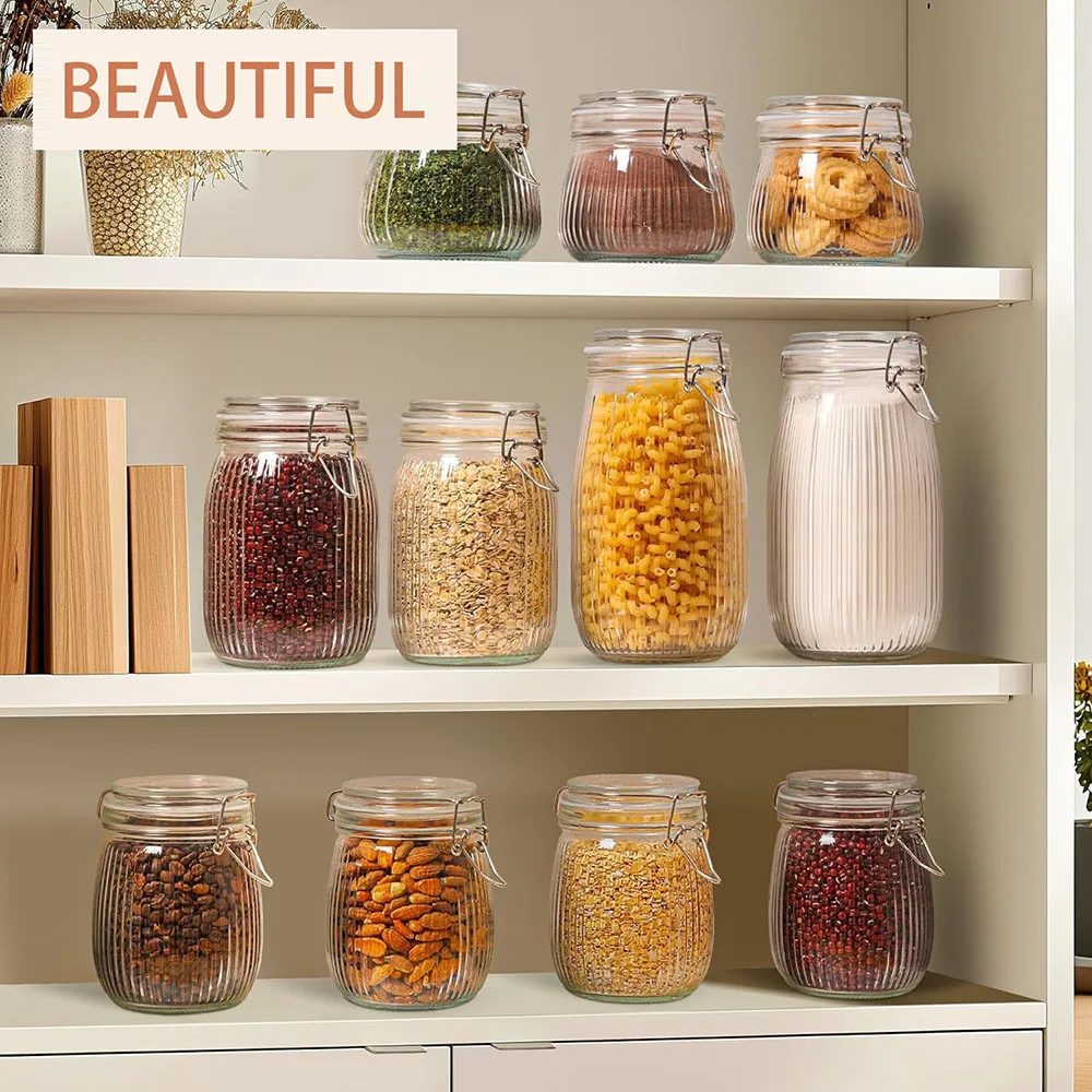 Airtight Glass jar with lid 25oz, Glass Storage Containers, Glass Canister, Striped Clip Fastening Jar for Cereal, Coffee, Pasta 4