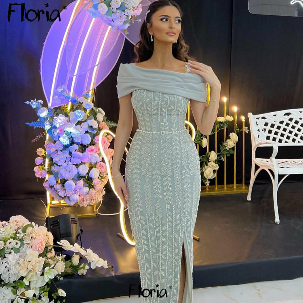 Abito da festa con spalle scoperte grigio scintillante Perline