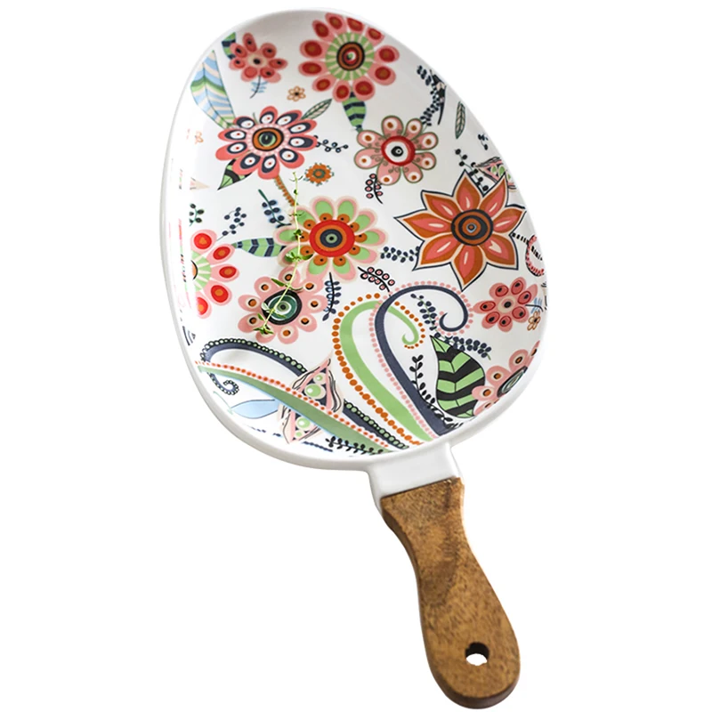 Ceramic Salad Plates with Handle Porcelain Dinner Plates Colorful Floral Pattern Serving Plate for Desserts Sandwiches Dishes 접시 dining dish