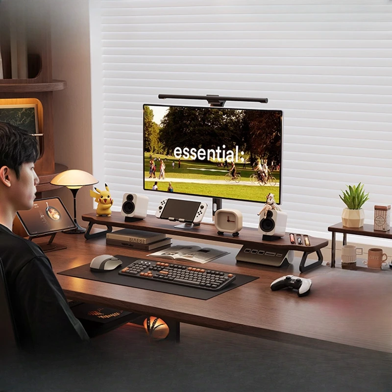 Walnut Wood Monitor Riser — Desk Stand with Keyboard Storage view 3