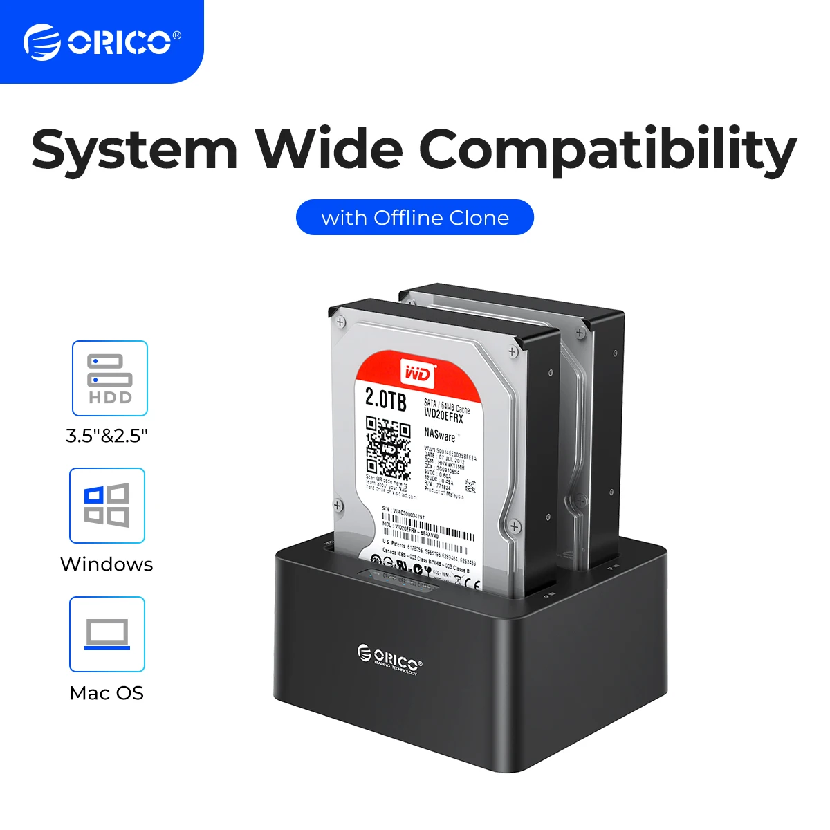 HDD docking station SATA to USB 3.0 2 bay for 2.5/3.5 inch HDD SSD with offline clone