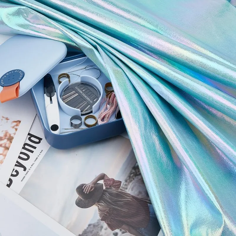 1 Yard Iridescent Fabric Shimmer Sewing Crafting Aquamarine Blue Holograhic Fabric Costume Stage Performance