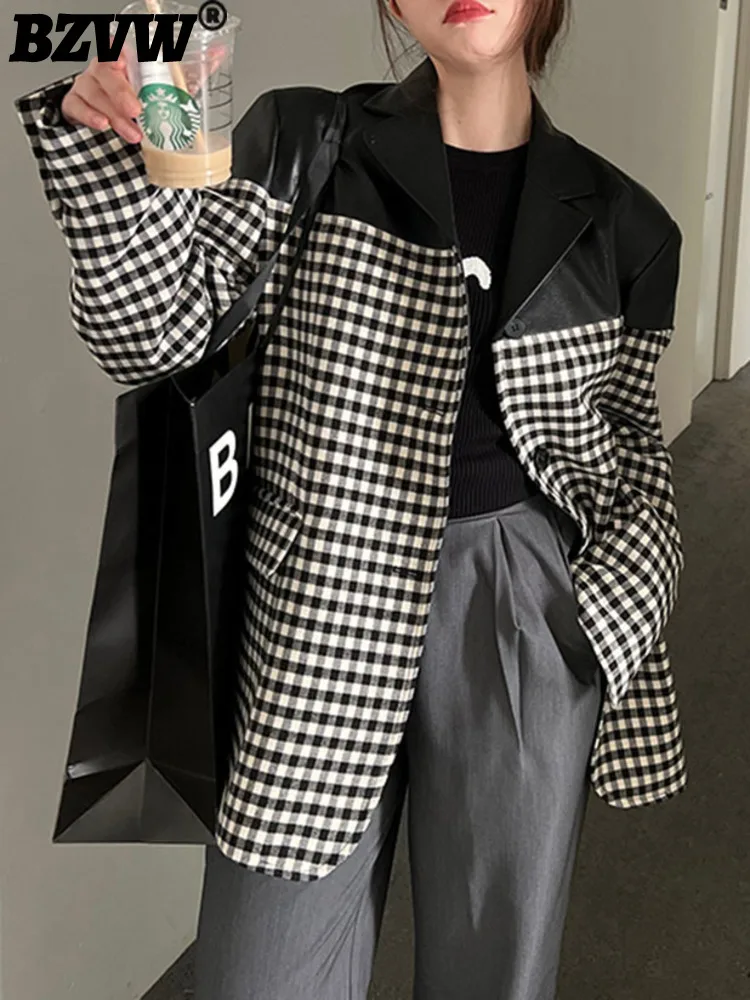 

BZVW Niche Designer High-end PU Leather Spliced Plaid Woolen Blazer For Women 2023 Autumn Winter Fashion New Suit Jacket Female