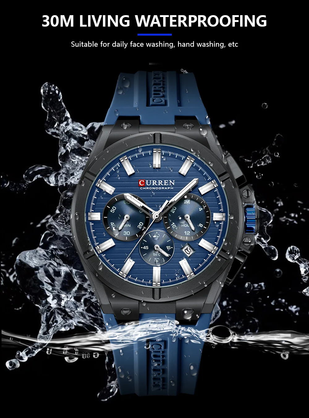 CURREN Moder Design 43mm Watch for Men with 3 Sub-Dials Quartz Movement Casaul Silicone Strap Wristwatch Luminous Hands and Date