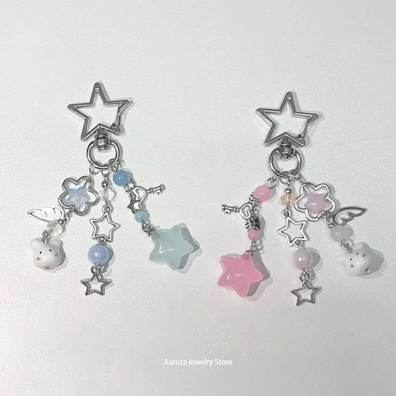 Portachiavi simpatico gatto portachiavi abbinato con stella rosa e blu y2k originale 1 pz