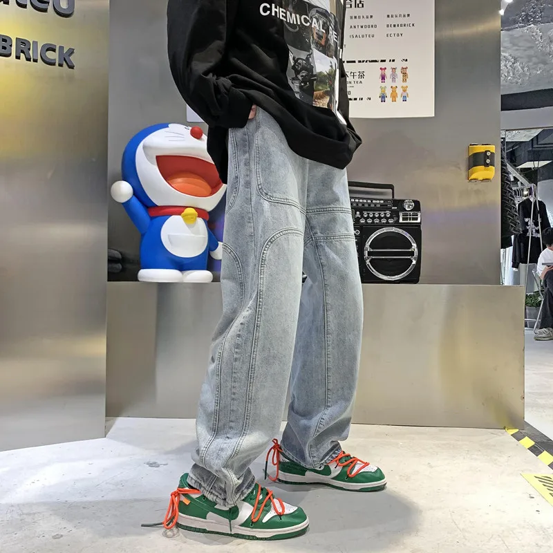 ICCLEK Tooling Jeans Men's Casual Pants Straight Loose Pants Fashion Wide-leg Pants Casual Trousers Punk Pants  Blue Pants