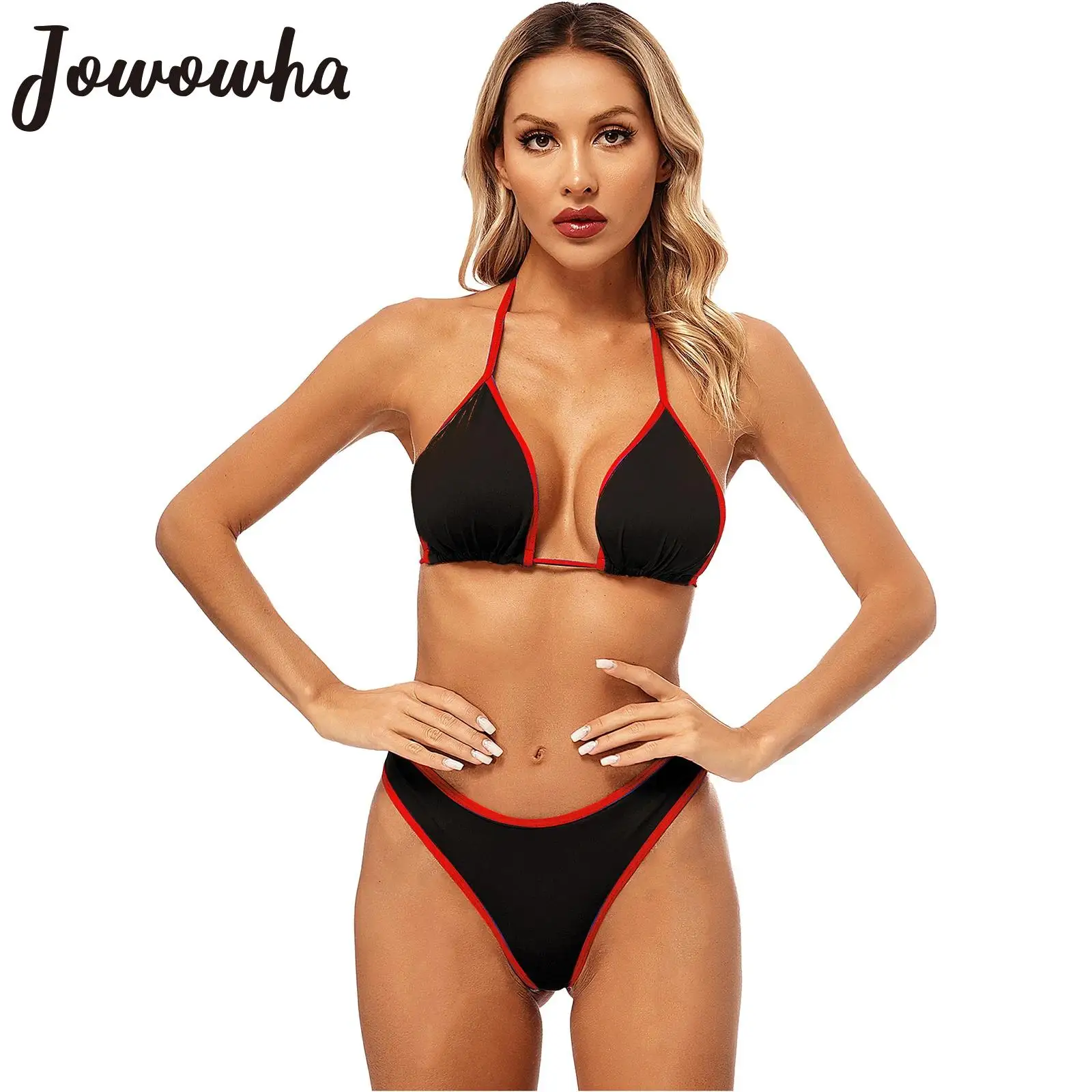 

Женский сексуальный комплект бикини, купальник с контрастными краями, бюстгальтер с треугольными чашками, топ с высоким вырезом, стринги, трусы, купальник, пляжный купальный костюм