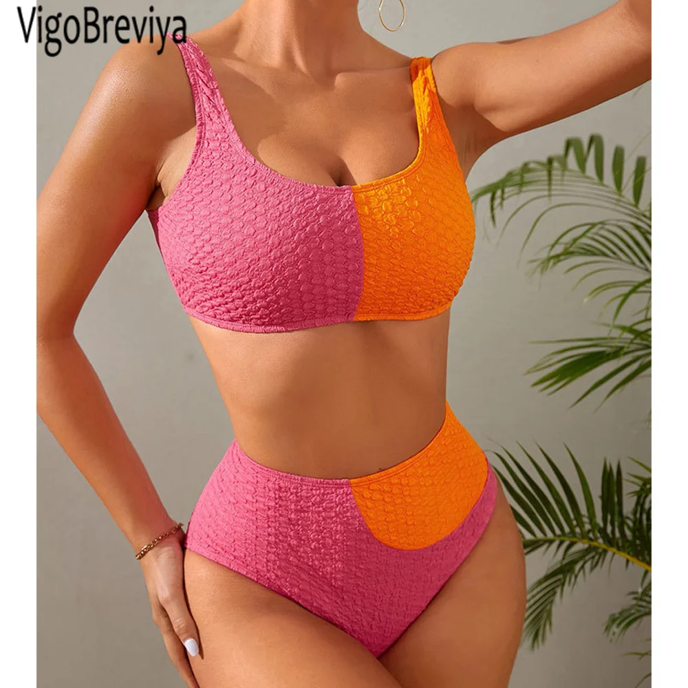 

VigoBreviya 2023 Solid Patchwork Strapped Swimwear Women Push Up High Waist Bikini Sexy Backless Swimsuit Summer Bathing Suit