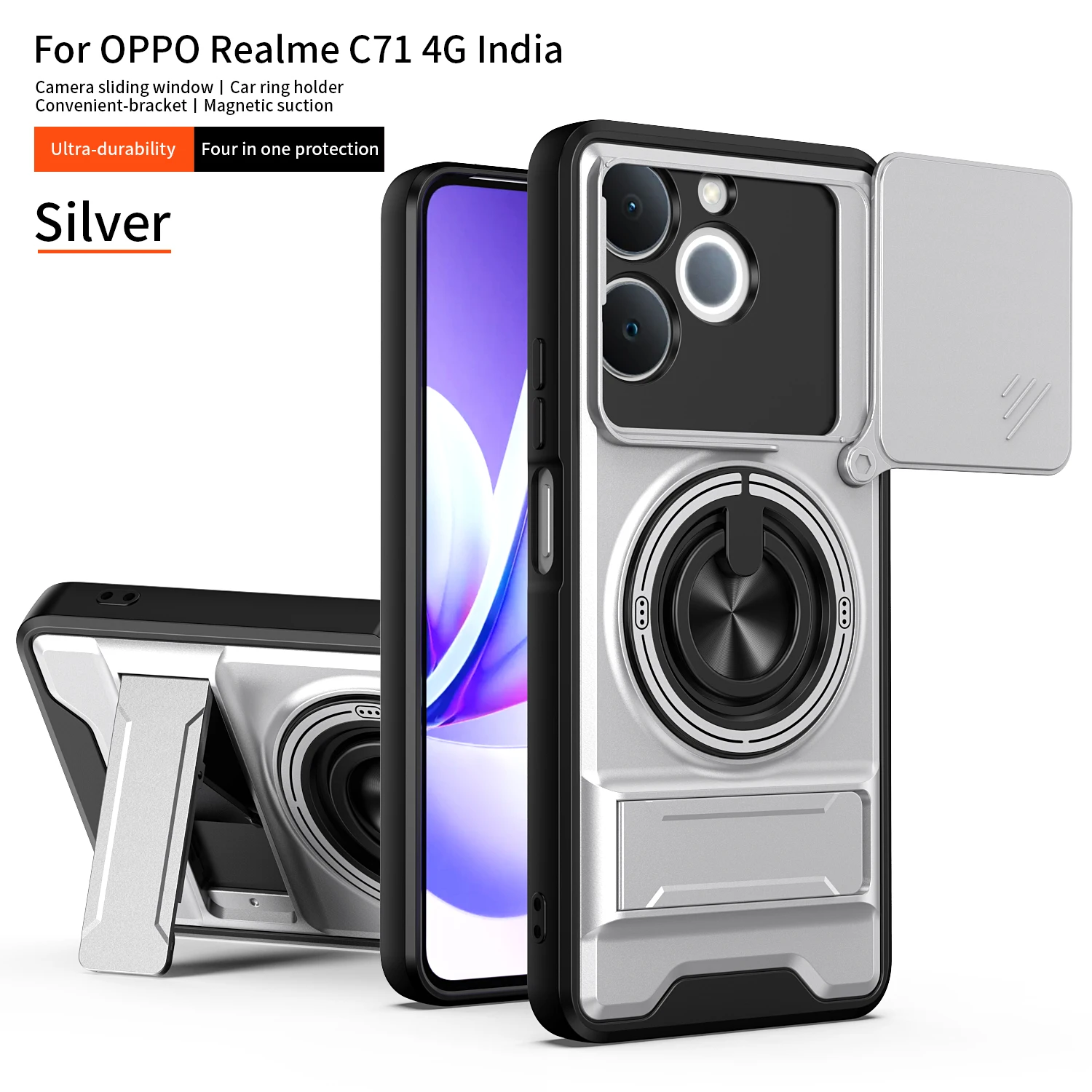 Armor Shockproof Phone Case with Sliding Camera Cap and Built-in Magnet Ring Kickstand