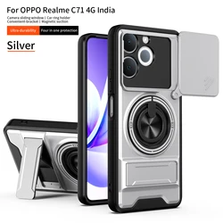 Armor Shockproof Phone Case with Sliding Camera Cap and Built - in Magnet Ring Kickstand for Realme Note 80 (SJZJ silver)