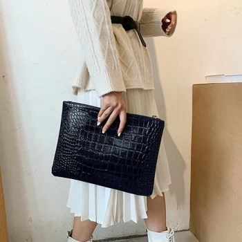 Women Crocodile Pattern Clutch Bag Pochette Female Casual Solid Color Zipper Envelope Square Bags  Make Up Organizer