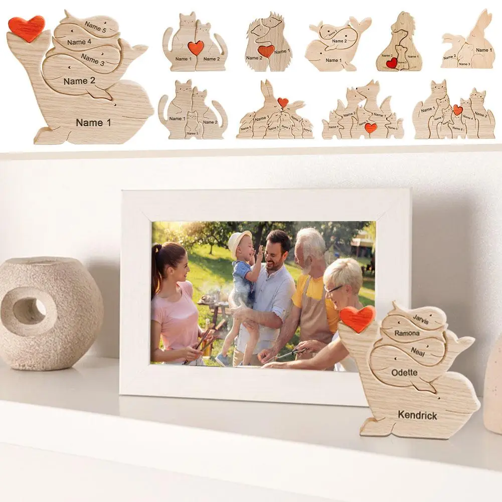 

Personalised Family Wooden Art Puzzle Dolphin Hedgehog Cat Lion Rabbit Tree Heart Desktop Ornament Home Decoration Festive Gifts