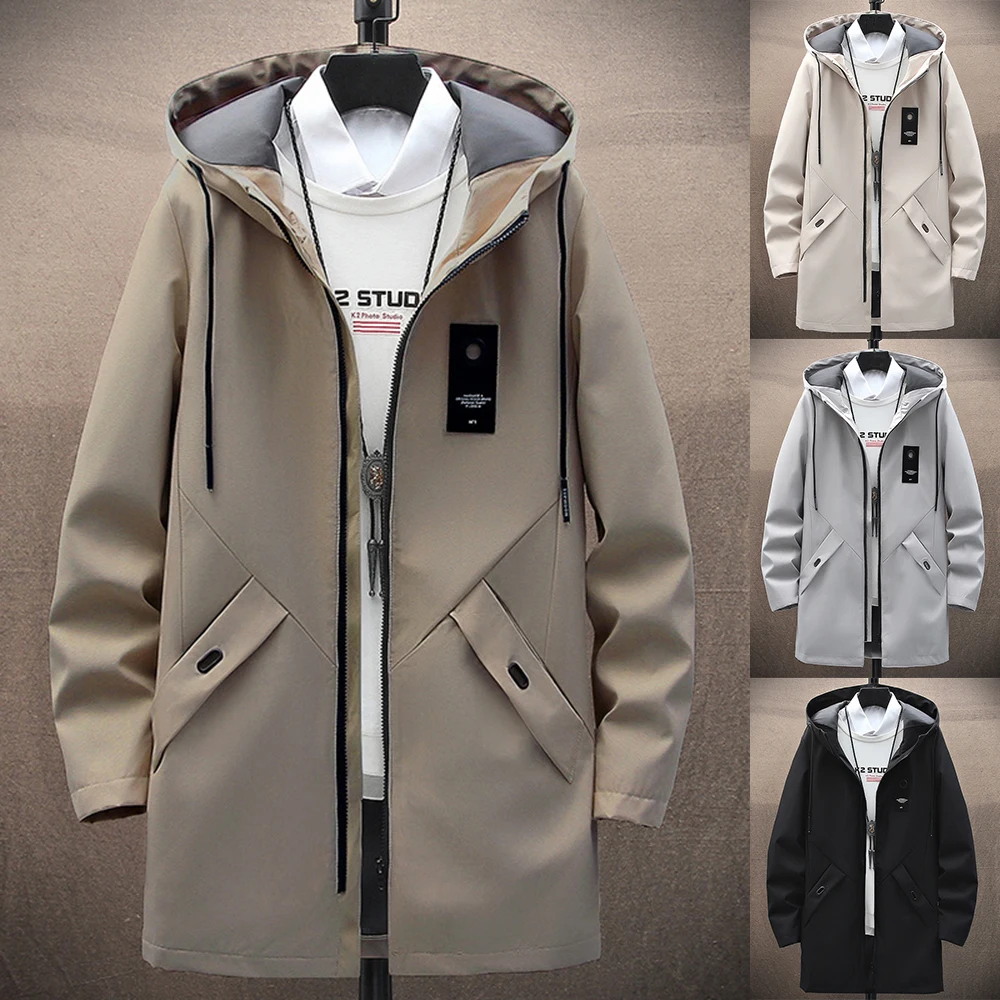 

Mens Autumn Korean Thin Hooded Jacket 2023 New Essential Loose Casual Comfortable Solid Color Mid-Length Windbreaker For Men