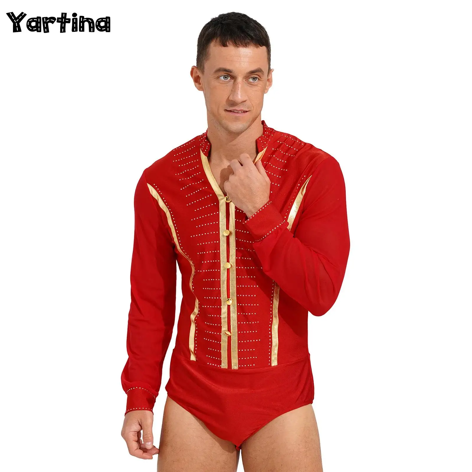 Mens Ballroom Samba Latin Dance Costume Tango Rumba Body Top Shiny Rhinestones Bodysuit V Neck Sheer Mesh Long Sleeve Leotard