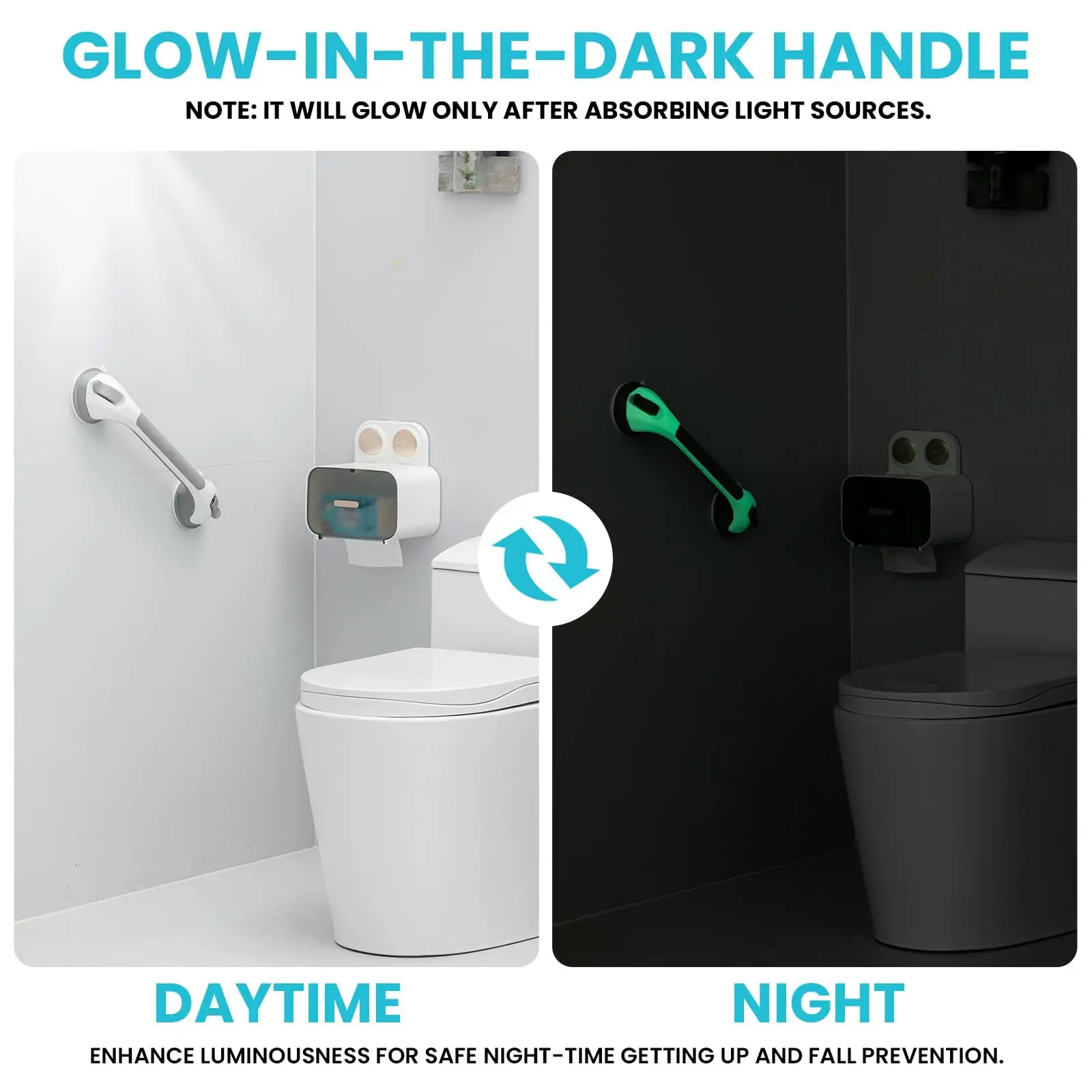 2pcs TAILI Shower Grab Bar Glow in The Dark Grab Bar Bathroom Handles Shower Rails for Seniors Safety Grip Removable No Drilling