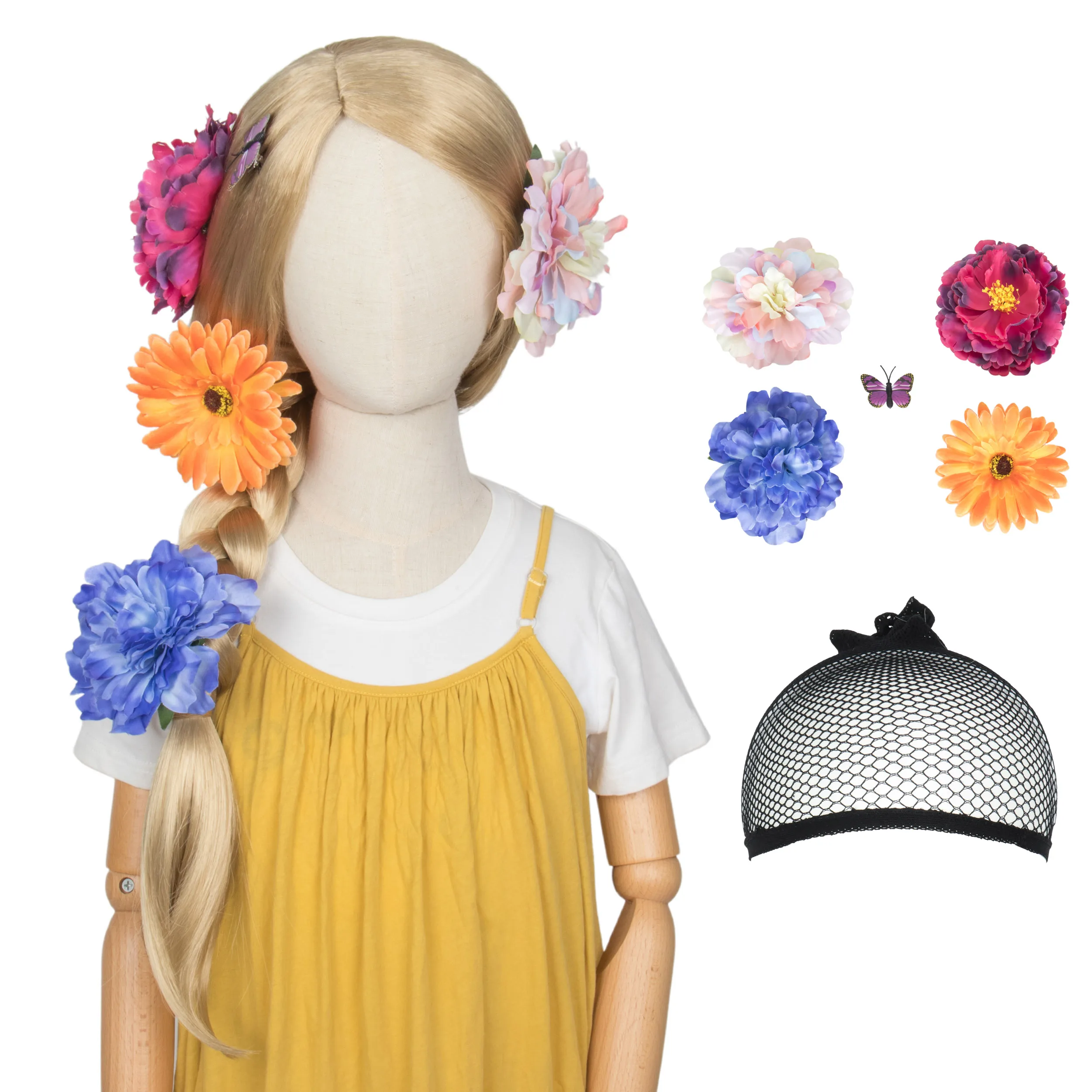 

Miss U Hair 43 Inch Long Straight Braids Blonde Costume Rapunzel Wig for Kids Princess Girl Wig with 12pcs Flowers