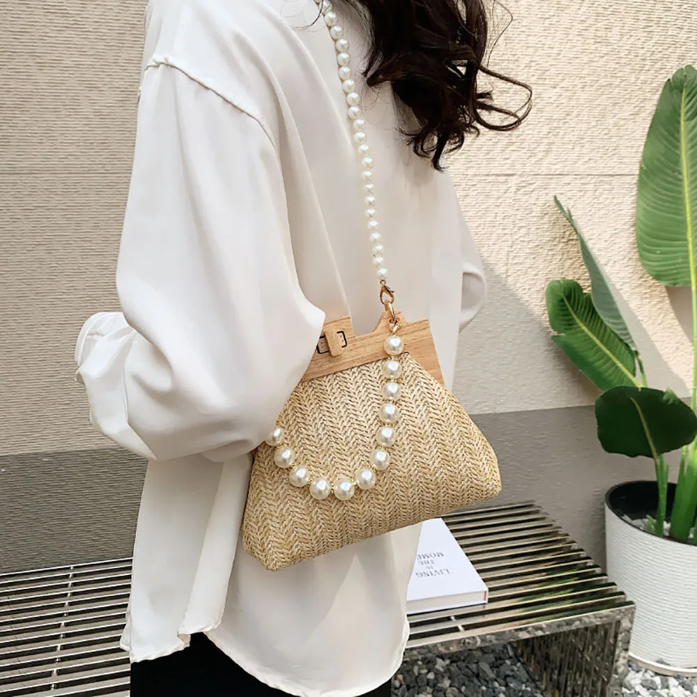 

Multiple-Purpose Match Handmade Woven Straw Bag, Crossbody and Shoulder Pearl Bag, Versatile Vacation Beach Bag for Summer