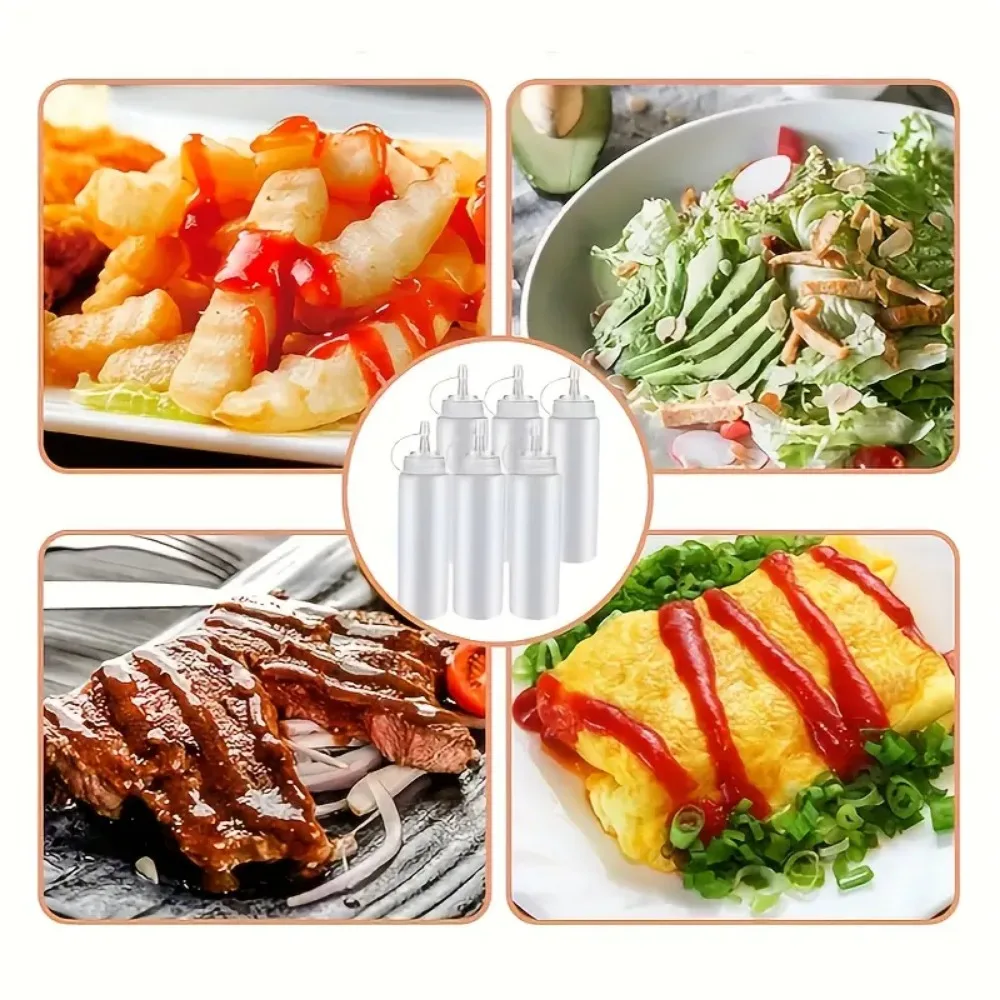 Condiment Squeeze Bottles 6pcs 240ml Condiment Squeeze Bottles Plastic Squeeze Squirt Bottles with Twist on Caps and Measurement for BBQ Sauces Salad Oil