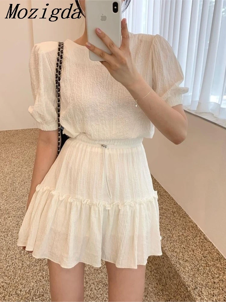 Two 2 Piece Set Summer Bubble Sleeves Short Top High Waist+Korean casual Ruffle ladies Skirts Suit