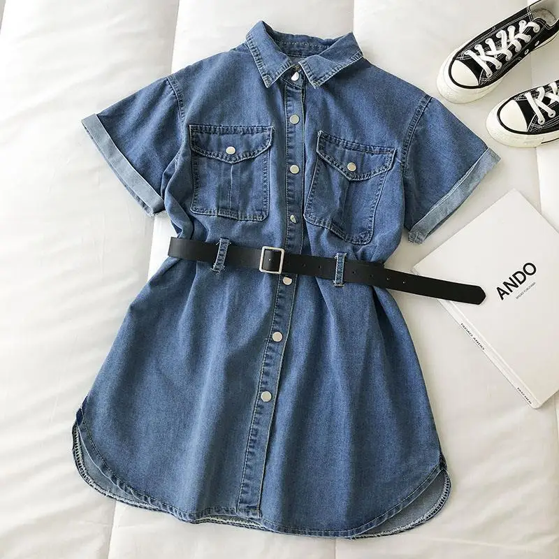 

Fashion All-match Pocket Long Denim Skirt Female Summer New Short-sleeved Loose Dress with Belt