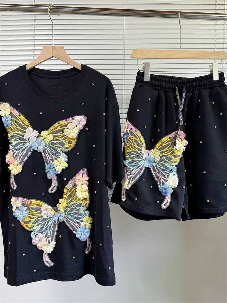 Wmstar Two Piece Sets Women Wholesale Casual Loose Butterfly Diamond Short Sleeve T Shirt Wide Leg Shorts Sets Nerw in Summer