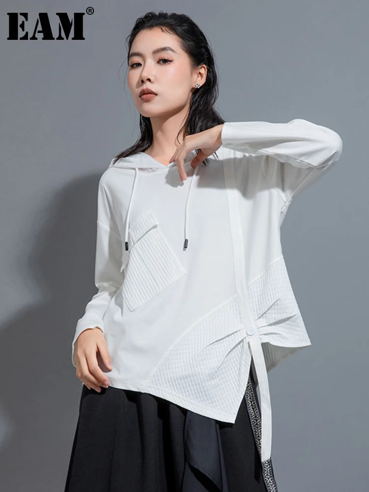 

[EAM] Women White Irregular Ribbon Big Size Casual T-shirt New Hooded Long Sleeve Fashion Tide Spring Autumn 2024 1DH0999