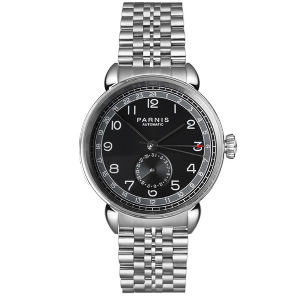 

Parnis 42mm silver case black dial GMT arab mark date window solid stainless steel mens top business automatic mechanical watch