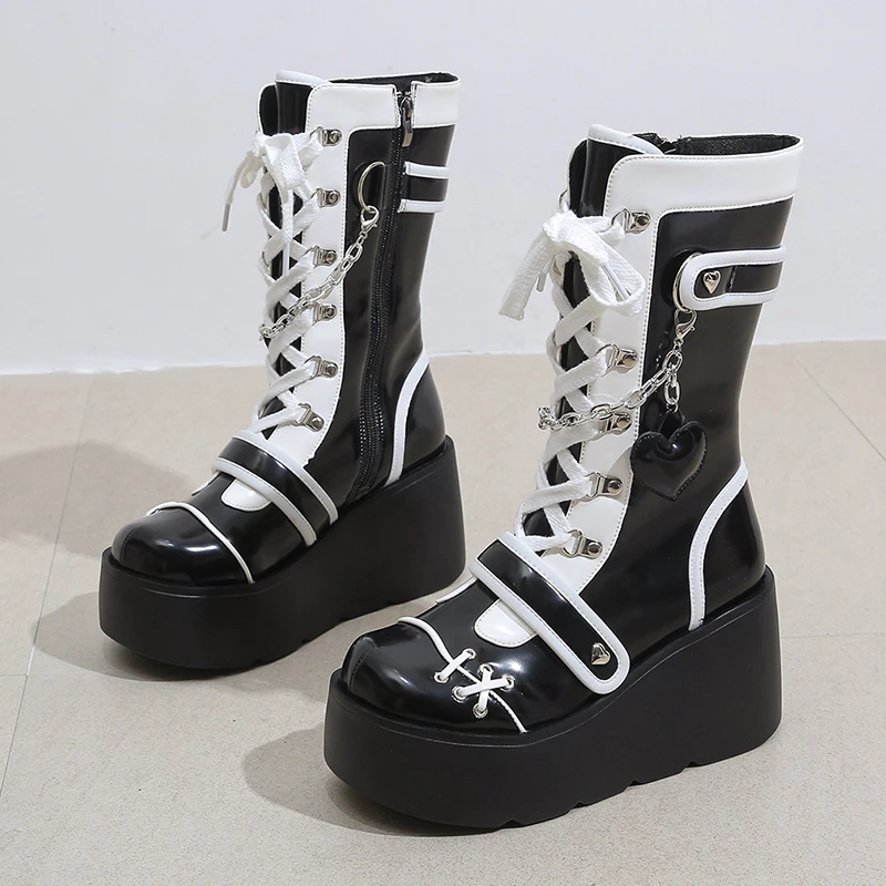 Platform Wedge Women's Boots Black and White Punk Gothic Style - true deals club