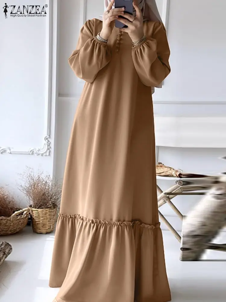 

ZANZEA Woman Elegant Muslim Sundress Fashion Ruffles Hem Dress Long Sleeve Solid Ramadan Robe Turkey Hijab Islamic Clothing