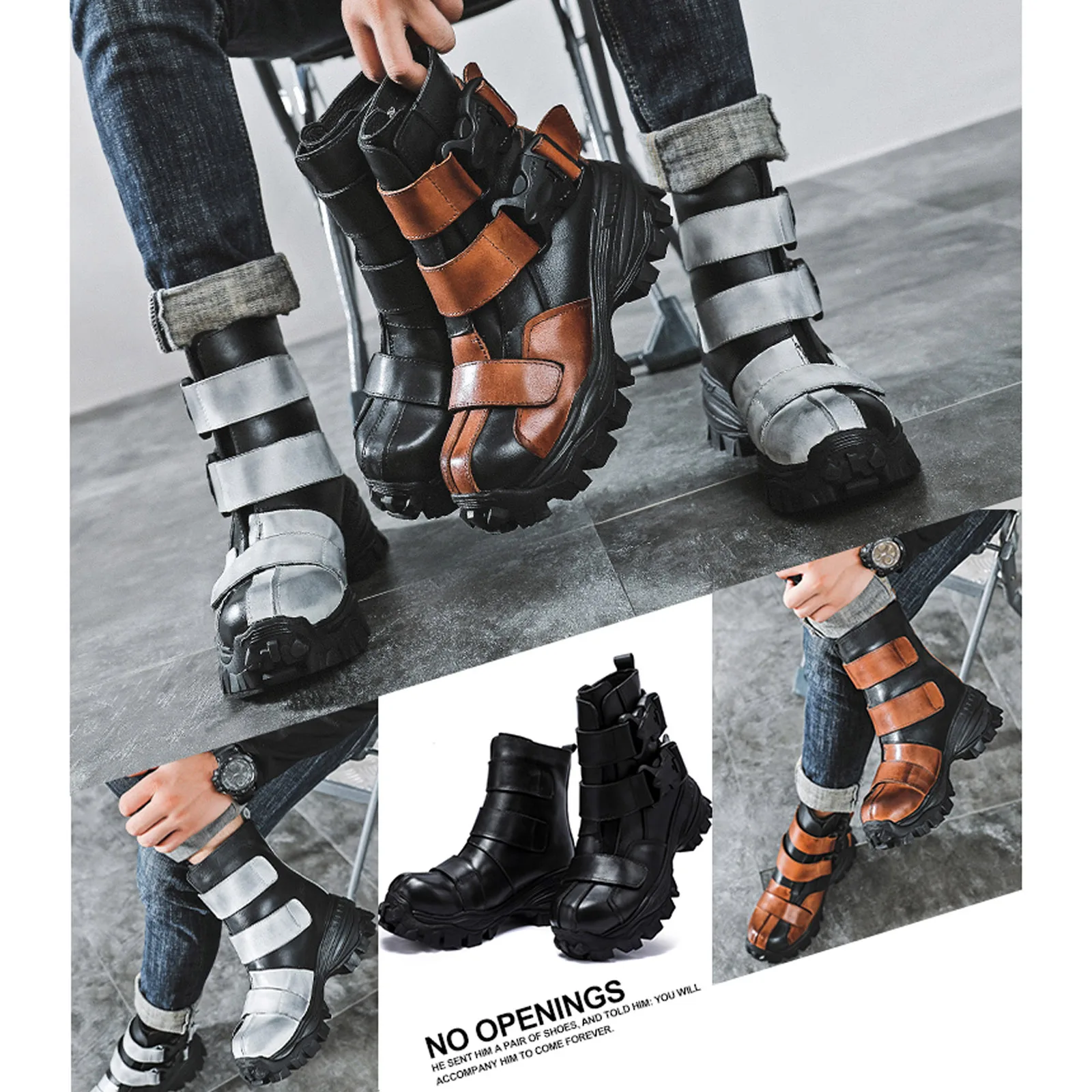 

New Fashion Men's Genuine Leather Motorcycle Boots Military Uniform Boots Gothic Skull Punk Boots Platform Mid-calf Cowboy Boots