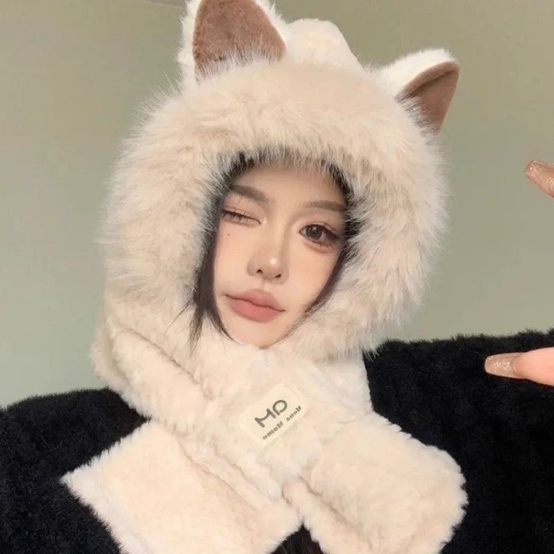 Fox Ear Hat Scarf One Piece Women's Winter Cute Plush Furry Animal Set with Neck Connection Two Piece