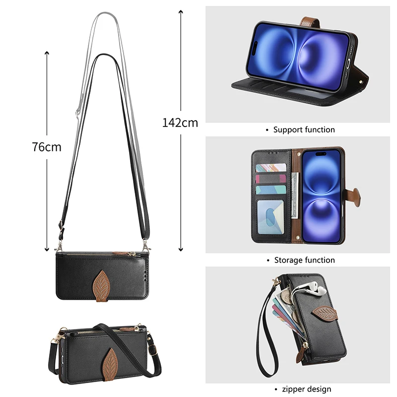 Leather Crossbody Wallet Case with Wrist Strap and Card Holder