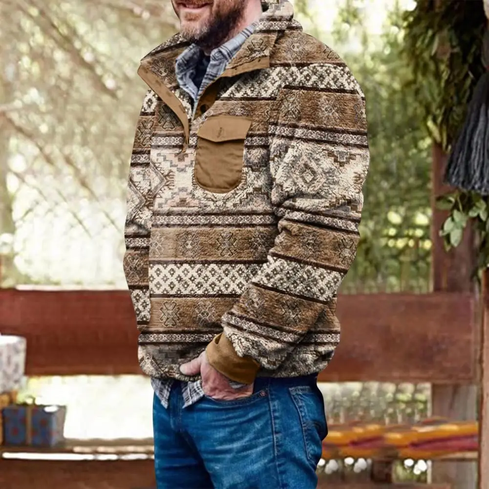 

Plush Sweatshirt Skin-Touch Pullover Sweatshirt Long Sleeves Men Retro Plaid Pattern Double Sided Plush Sweatshirt Coldproof