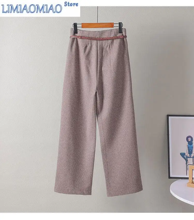 New Herringbone Pattern Woolen Women's Temperament  Waist Wide Leg Draped Casual Pants High Quality Trousers