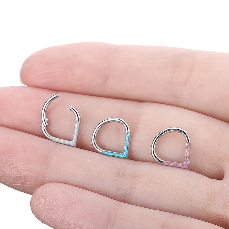 G23 Titanium Nose Septum Piercing Cartilage Earring Ear Tragus Drops Shape Opal Segment Ring Face Daith Body Jewelry 16G