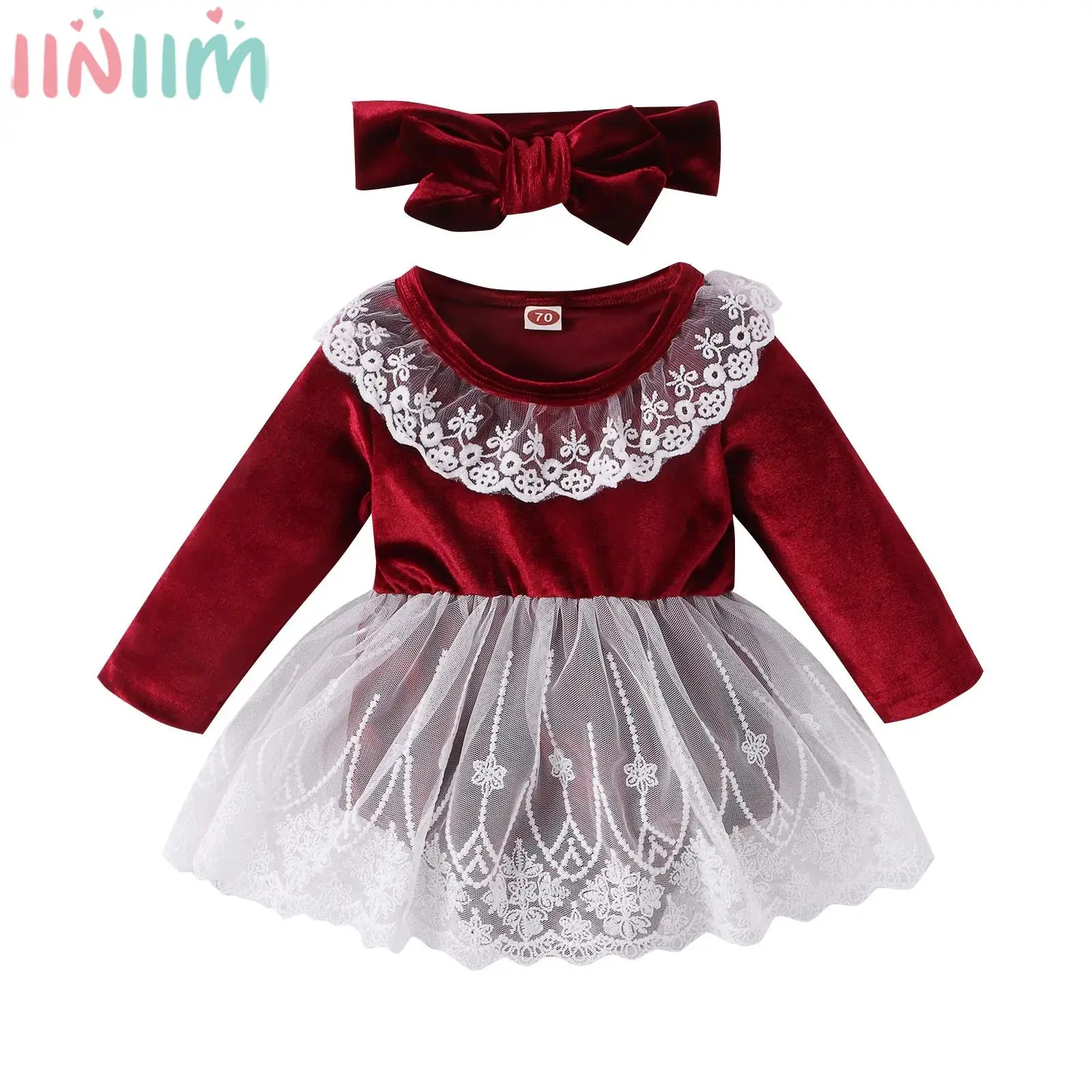

Baby Girls Christmas Rompers Long Sleeve Embroidery Lace Mesh Velvet Bodysuit with Headband for Xmas New Year Birthday Party