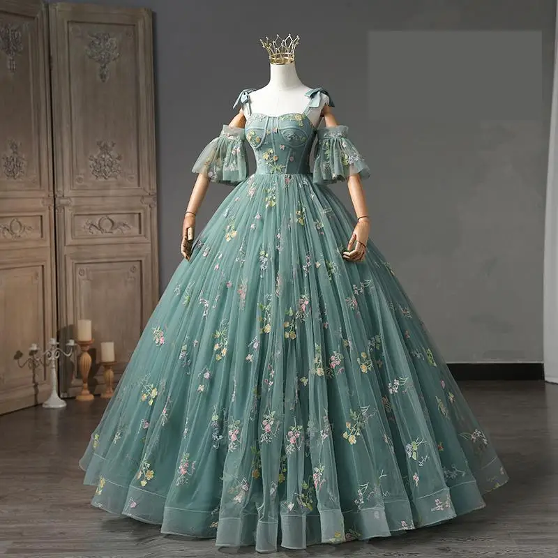 Maria Novia 2023 Peacock Green Quinceanera Dresses With Detachable Sleeve Spaghetti Strap Ball Gown Prom Dress Vestido 15 Anos
