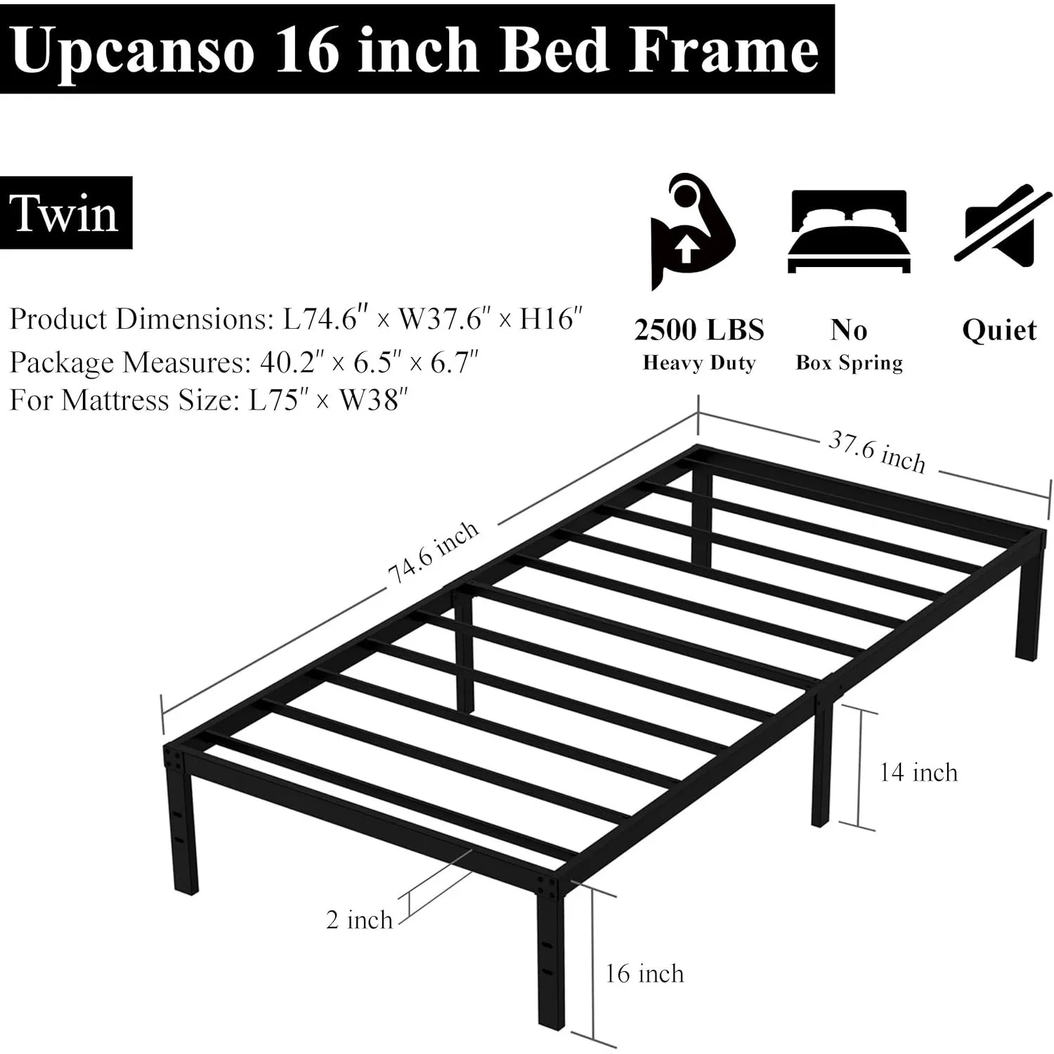 16 inch twin bed frame without box spring, metal platform, with 14 inch storage space, 2500 pound steel bar support, black 3