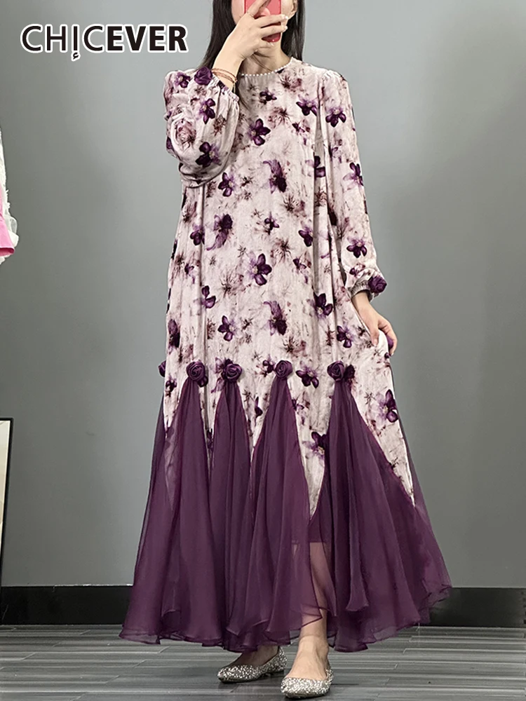 

CHICEVER Autumn Vintage Printing Dresses For Women Round Neck Lantern Sleeve Patchwork Appliques Colorblock Loose Dress Female