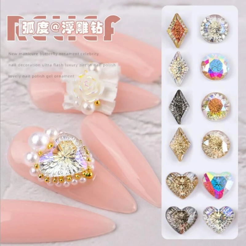 

1Pc Nail Flash Crystal Charms Relief Fancy Stone Rhombus/Heart/Round Glass Rhinestones Colorful Strass Jewelry Gems Nail Charms