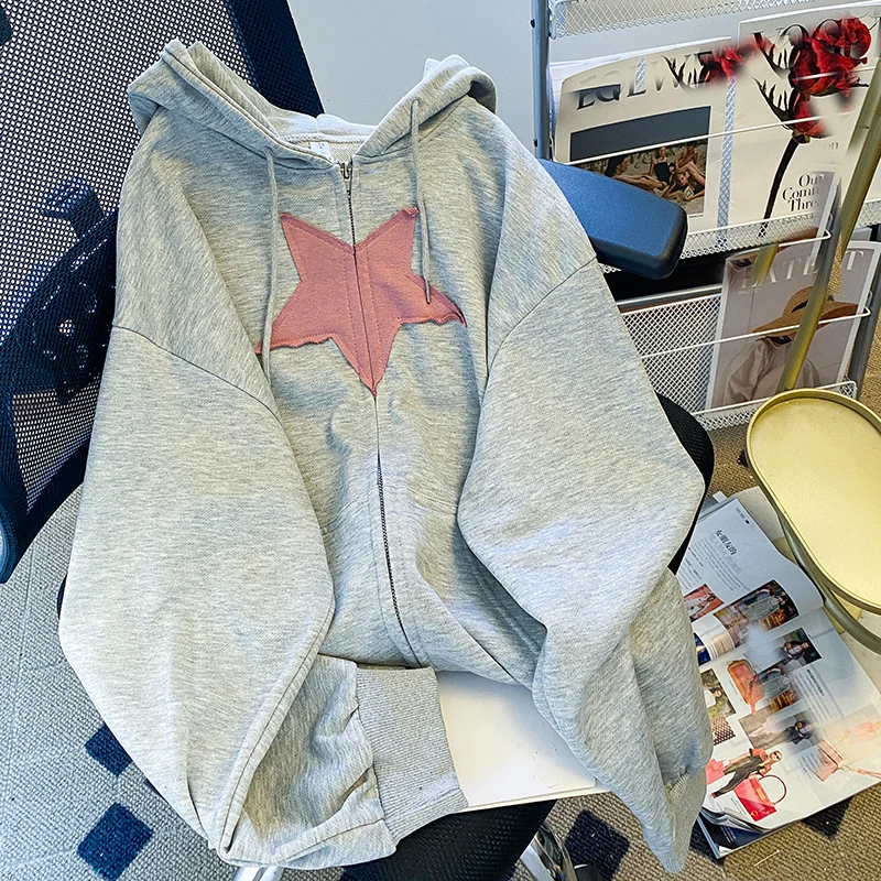 

harajuku Women Hoodies funny print Long Sleeve Zip Up coats Oversized Hooded Sweatshirt pocket gray cardigan jackets y2k clothes
