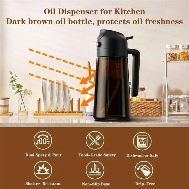 2-in-1 Glass Oil Sprayer & Dispenser, 16oz Leakproof Olive Oil Bottle for Cooking, Air Fryer, Salad, BBQ 3