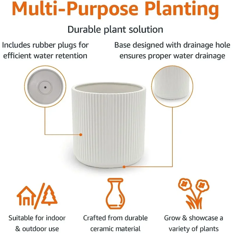 Basics Fluted Ceramic Round Planter, 10-Inch, White