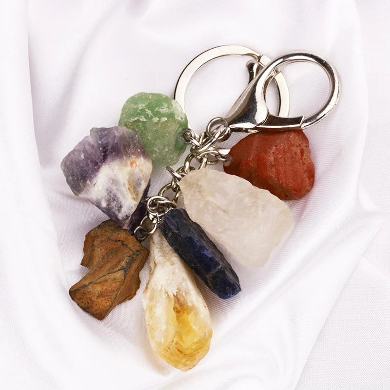 8pcs Natural Rough Raw Ore Seven Stone Key Rings Keychains Rose Quartz Amethyst Healing Crystal Car Decor Keyholder
