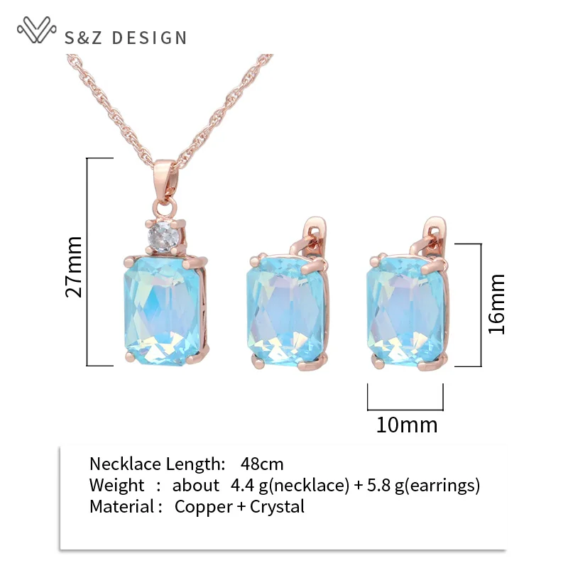 S&Z DESIGN New Fashion Colorful Rectangle Crystal Dangle Earrings Jewelry Sets For Women Wedding 585 Rose Gold Color Necklace