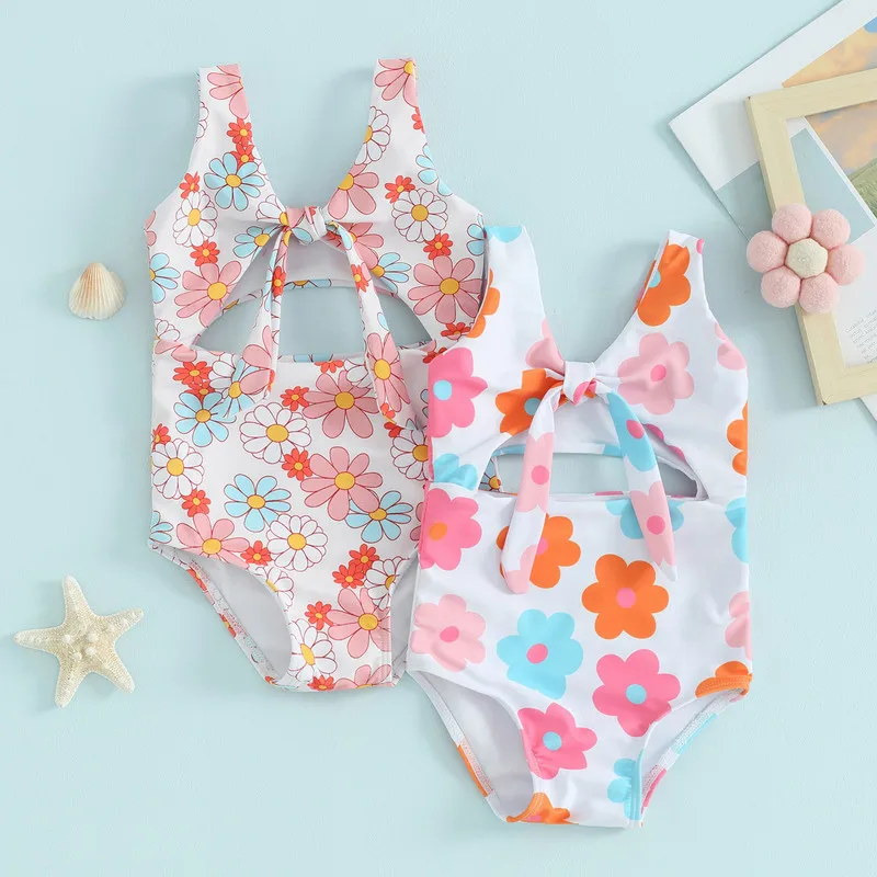 

Baby Girl Swimsuits Summer Floral Print Knotted Cutout Sleeveless Jumpsuit for Toddler Bathing Suits Beachwear