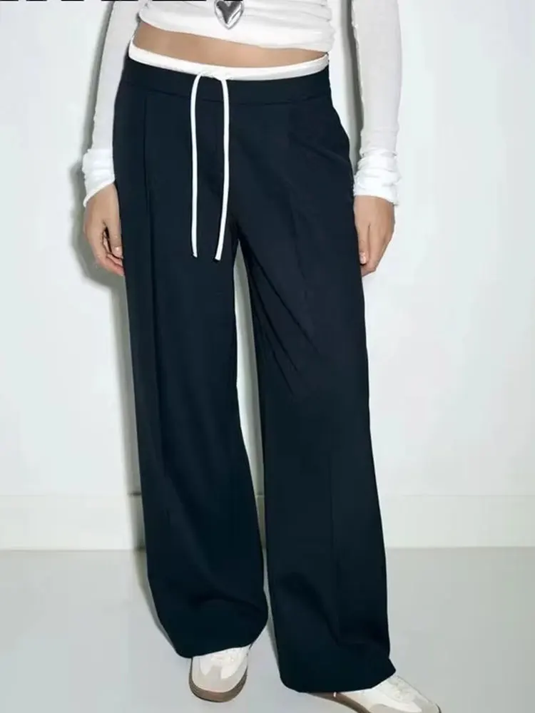 HH 2025 Women Fashion Vintage Solid Straight Pants Side Zipper Drawstring Casual Trousers Spring New Female Wide Leg Pants
