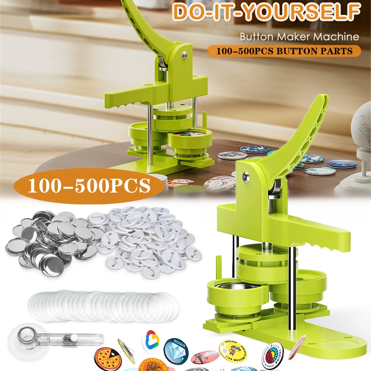 Button Maker Machine 25-58MM Badges Set Button Maker Machine with 100-500Pcs Button Parts + Circle Cutter + Mold Badge Press Maker Machine Brooche Tools