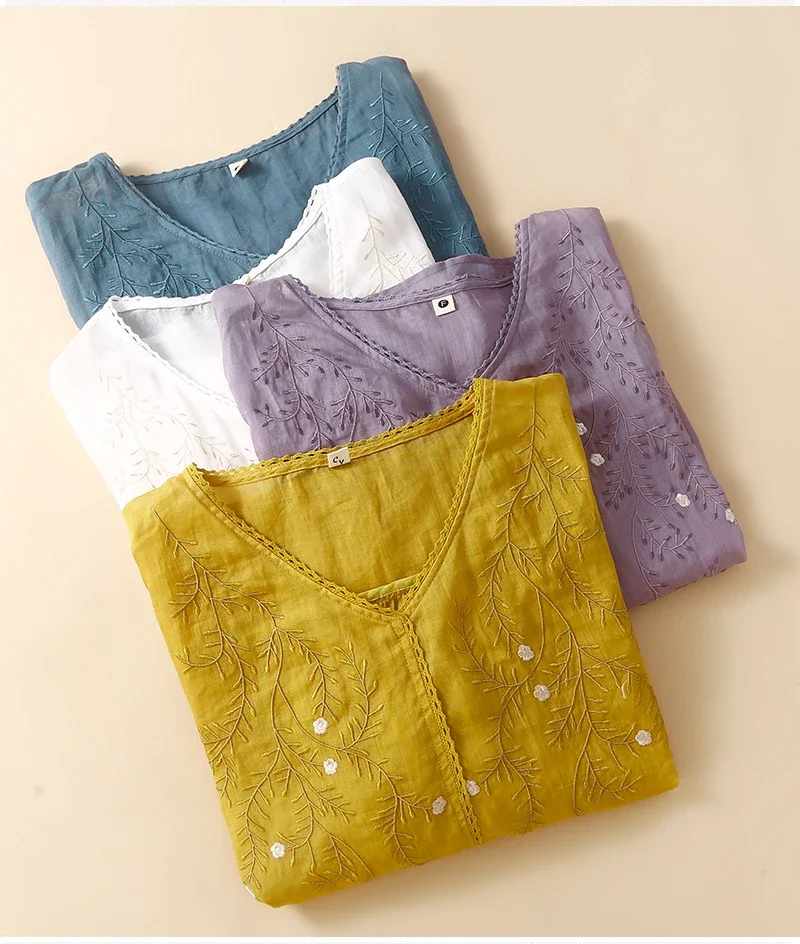 Embroidery Chinese Style Blouses Summer Vintage Women's Shirts Short Sleeve Cotton Linen Clothing Loose Women Top 2024 Korean